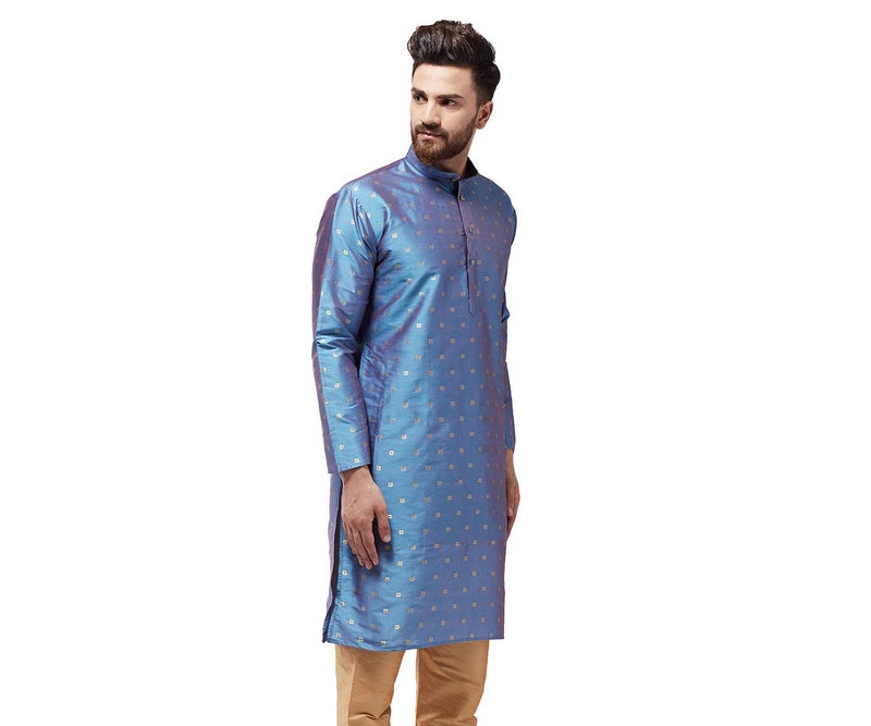 Sojanya (Since 1958 Men'S Silk Blend Light Blue Printed Only Long Kurta, Size 40 - Image 4